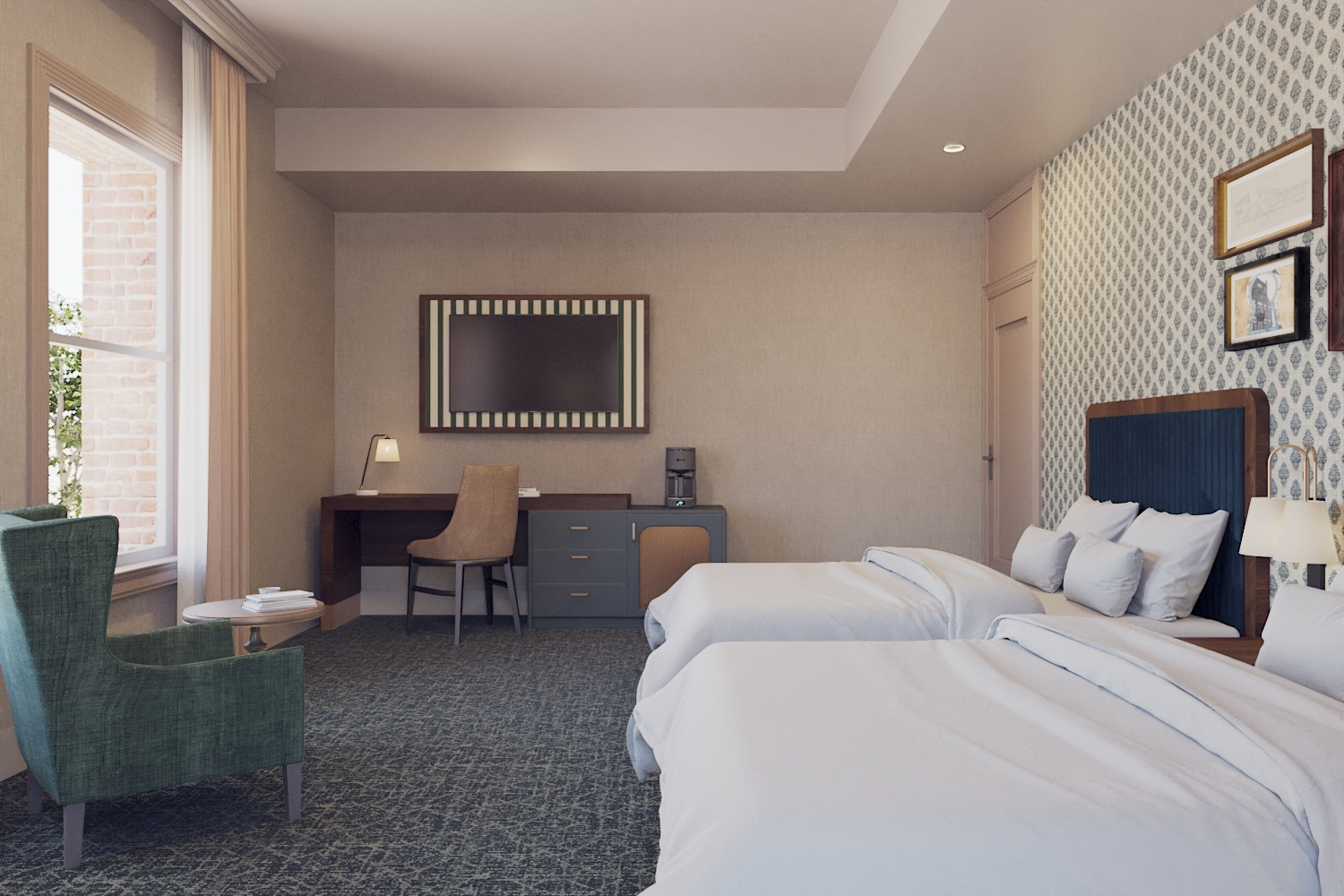 rendering of 2 queen beds with artwork on wall