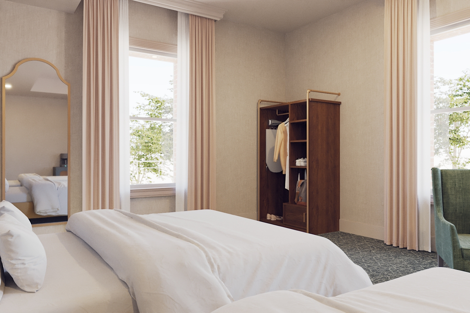 rendering of queen guest room with open closet