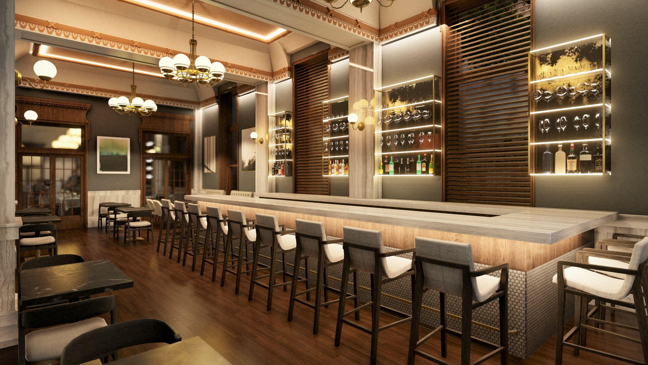 bar with tables, chairs and barstools