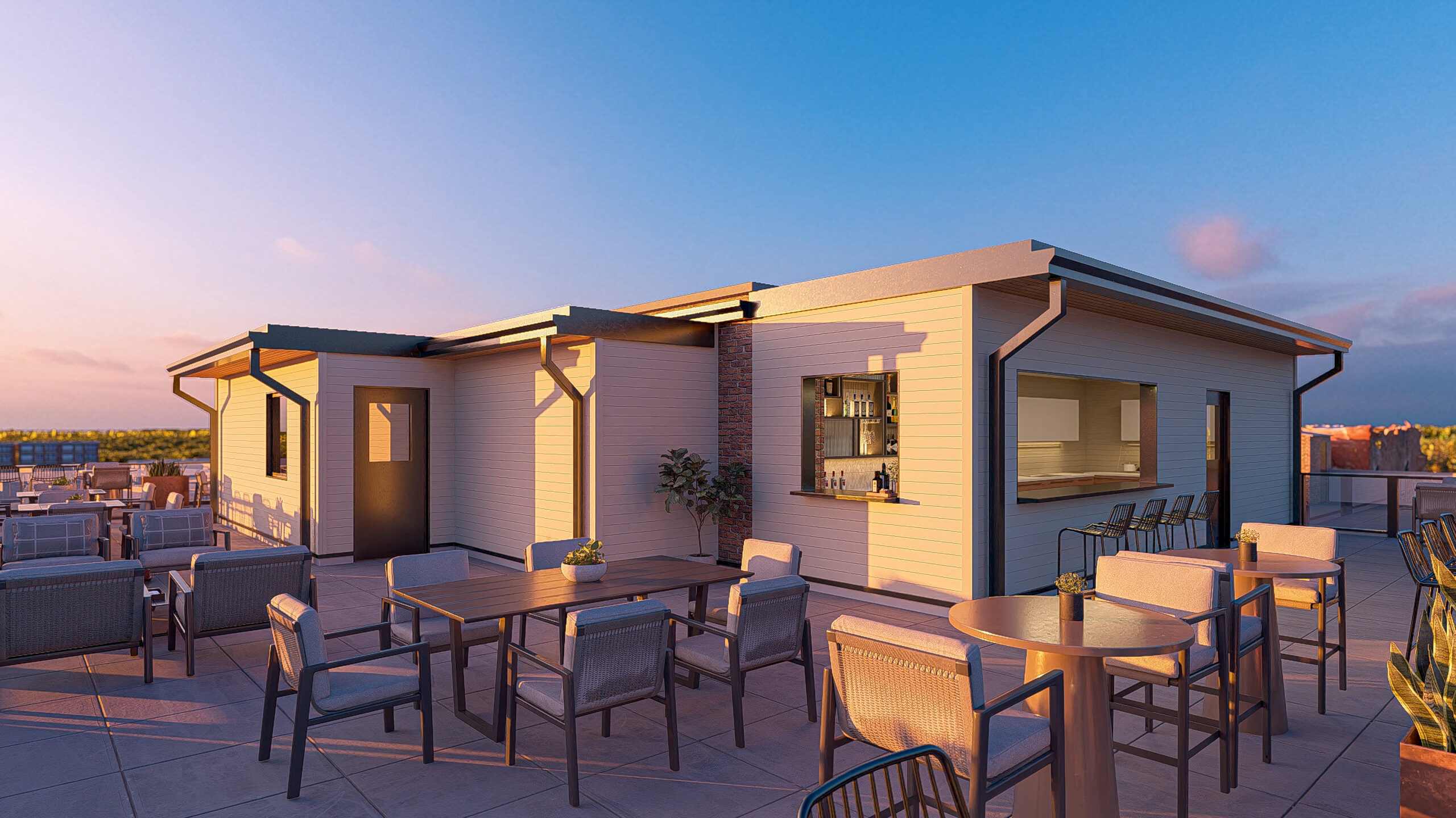 rooftop bar with barstools and sunset