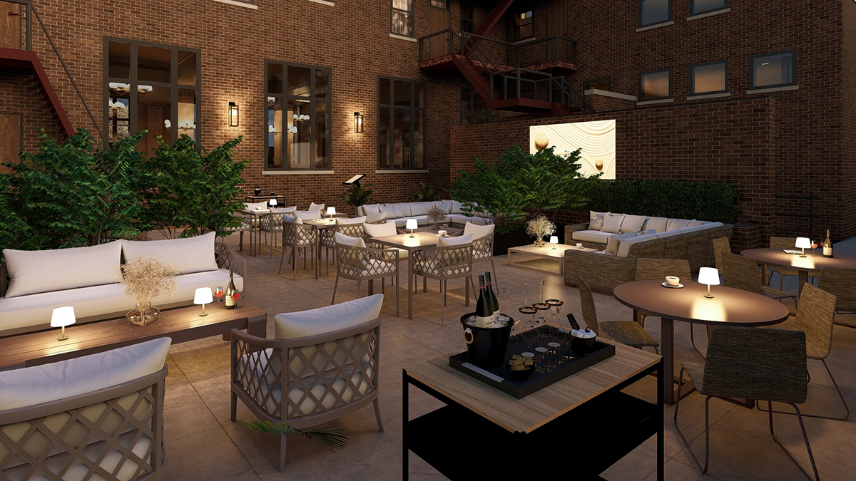 nighttime rendering of patio with outdoor furniture and plants