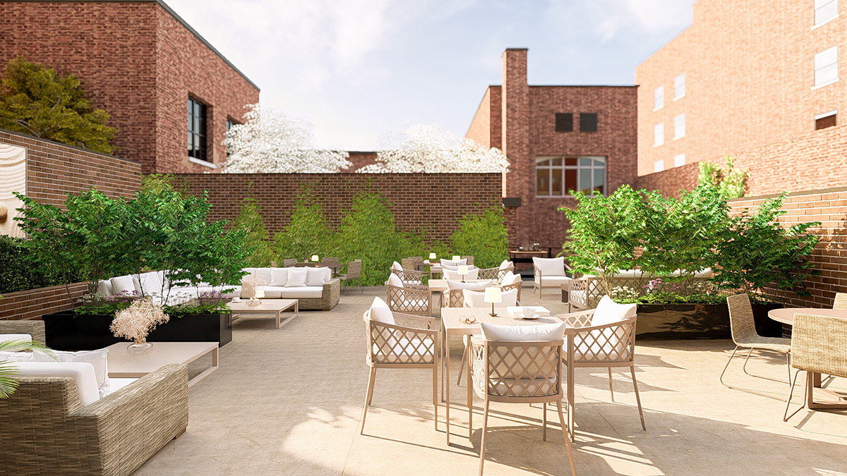 rendering of patio with outdoor furniture and plants