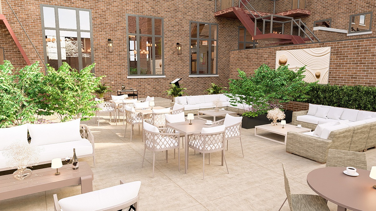 rendering of patio with outdoor furniture and plants