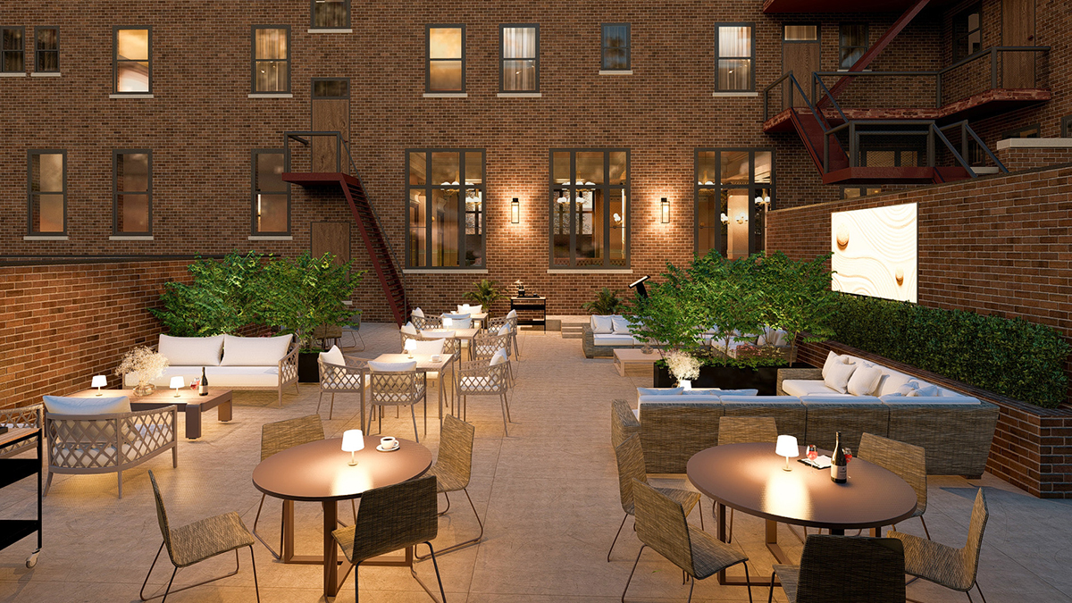 nighttime rendering of patio with outdoor furniture and plants