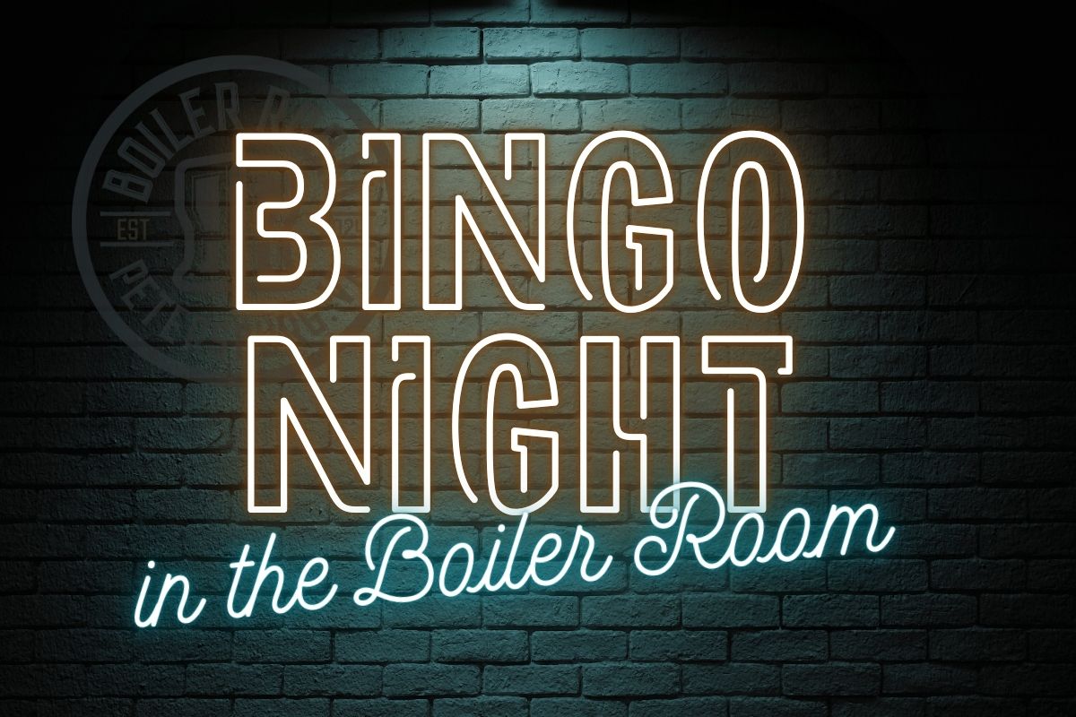 brick wall with neon Bingo Night sign in white and teal